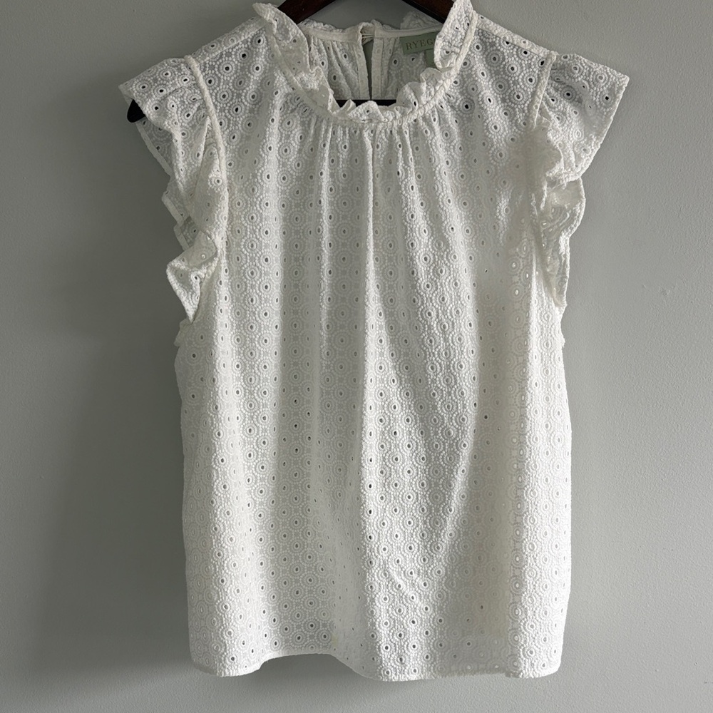 Ryegrass White Eyelet Lace Blouse XL Ruffle Neck Cottagecore Top